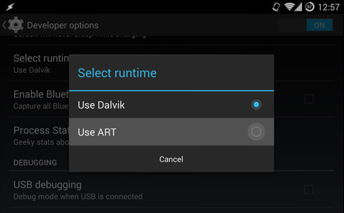 select runtime -  Android Developer Options Feature